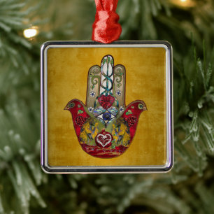 Ruby Pomegranate Heart Red Bird Hamsa Julgransprydnad Metall