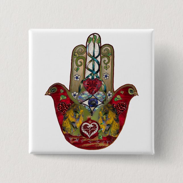 Ruby Pomegranate Heart Red Bird Hamsa Knapp (Framsida)
