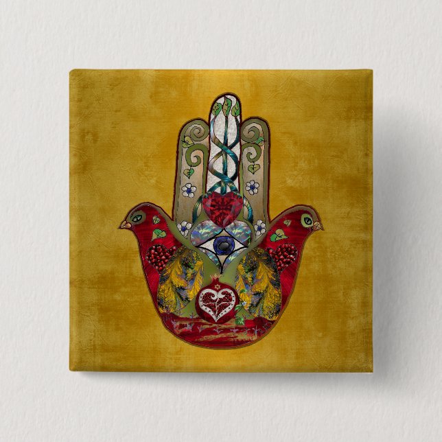 Ruby Pomegranate Heart Red Bird Hamsa Knapp (Framsida)