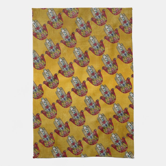 Ruby Pomegranate Heart Red Bird Hamsa Kökshandduk (Vertikal)