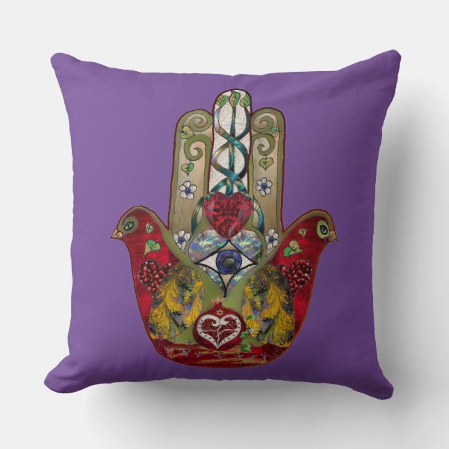 Ruby Pomegranate Heart Red Bird Hamsa Kudde (Framsida)
