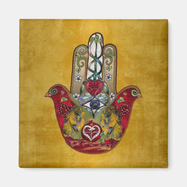Ruby Pomegranate Heart Red Bird Hamsa Magnet (Framsidan)