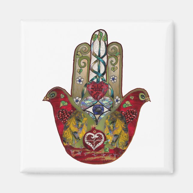 Ruby Pomegranate Heart Red Bird Hamsa Magnet (Framsidan)
