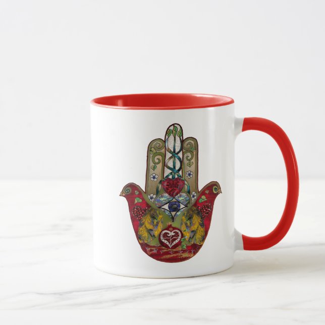 Ruby Pomegranate Heart Red Bird Hamsa Mugg (Höger)