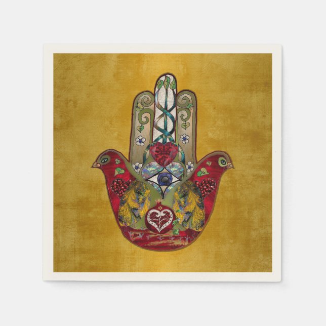 Ruby Pomegranate Heart Red Bird Hamsa Pappersservett (Framsidan)