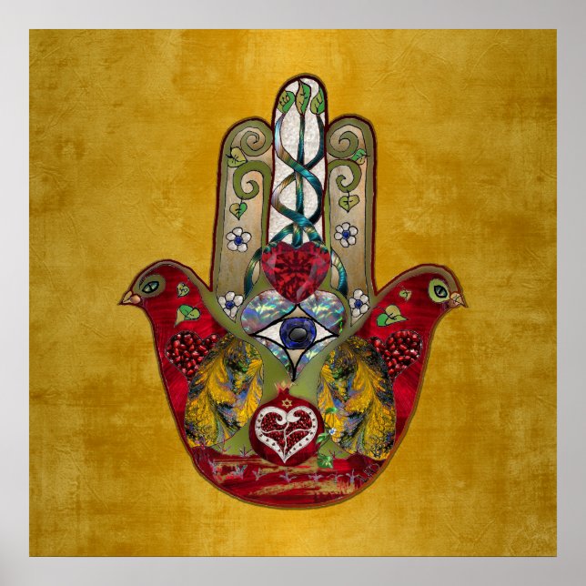 Ruby Pomegranate Heart Red Bird Hamsa Poster (Framsidan)