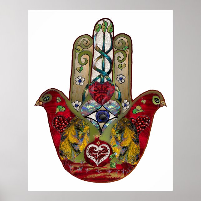 Ruby Pomegranate Heart Red Bird Hamsa Poster (Framsidan)