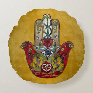 Ruby Pomegranate Heart Red Bird Hamsa Rund Kudde
