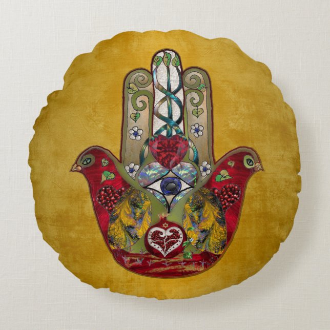 Ruby Pomegranate Heart Red Bird Hamsa Rund Kudde (Framsidan)