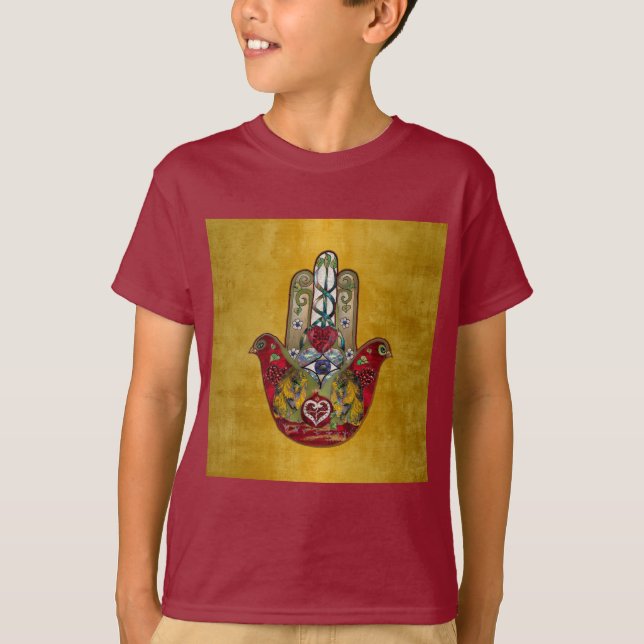 Ruby Pomegranate Heart Red Bird Hamsa T Shirt (Framsida)