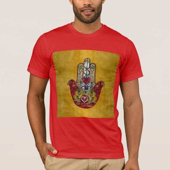 Ruby Pomegranate Heart Red Bird Hamsa T Shirt (Framsida)