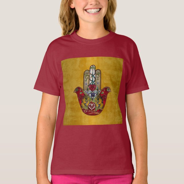 Ruby Pomegranate Heart Red Bird Hamsa T Shirt (Framsida)