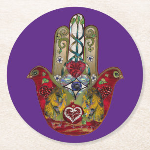 Ruby Pomegranate Heart Red Bird Hamsa Underlägg Papper Rund