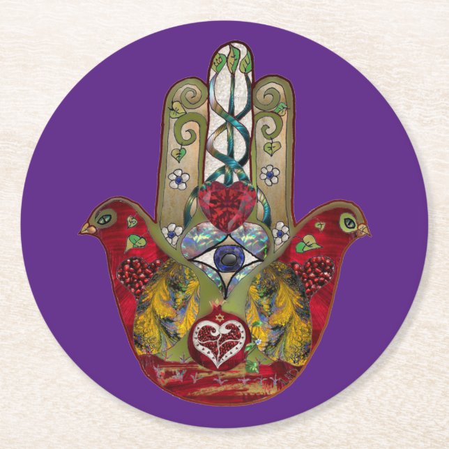 Ruby Pomegranate Heart Red Bird Hamsa Underlägg Papper Rund (Framsidan)