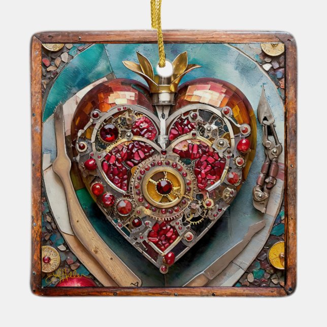 Ruby Pomegranate Heart Steampunk Series Julgransprydnad Keramik (Framsida)