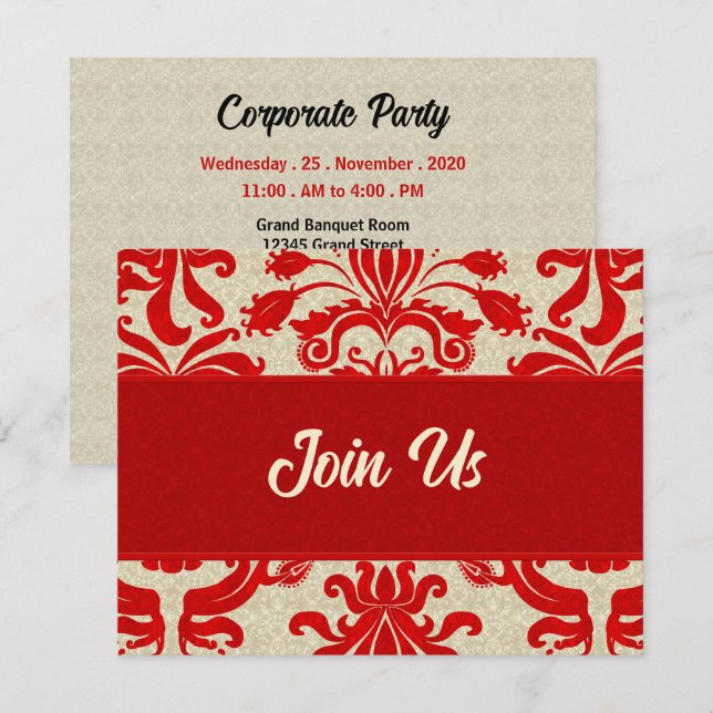 Ruby Red and Taupe Damask Professionell Business Inbjudningar (Fram/baksida)