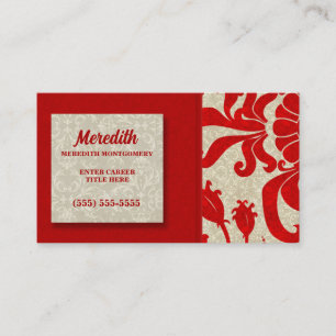 Ruby Red and Taupe Damask Visitkort