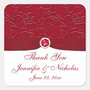 Ruby Red and White Blommigt Wedding Favor Sticker Fyrkantigt Klistermärke