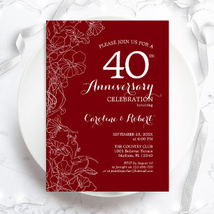 Ruby Red Blommig 40-årsjubileum Inbjudningar