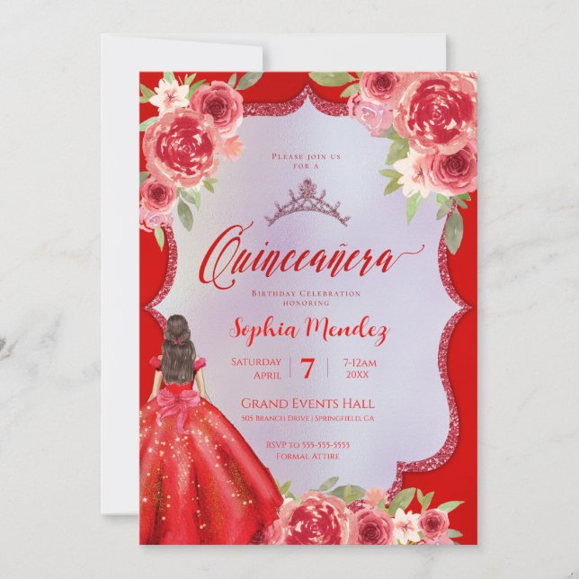 Ruby Red Blommig Vattenfärg Quinceanera Inbjudningar (Framsida)
