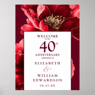 Ruby Red Blommigt 40-årsjubileum Välkomstskylt Poster