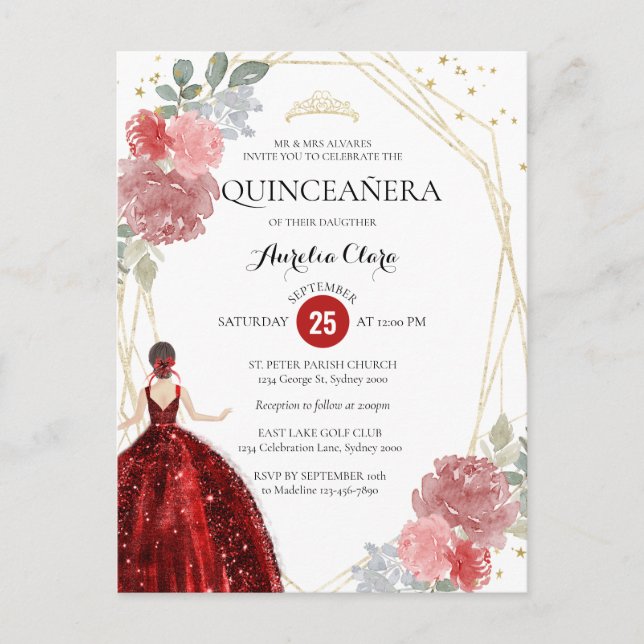 Ruby Red Blommigt Geometric Quinceañera-inbjudan Vykort (Framsida)