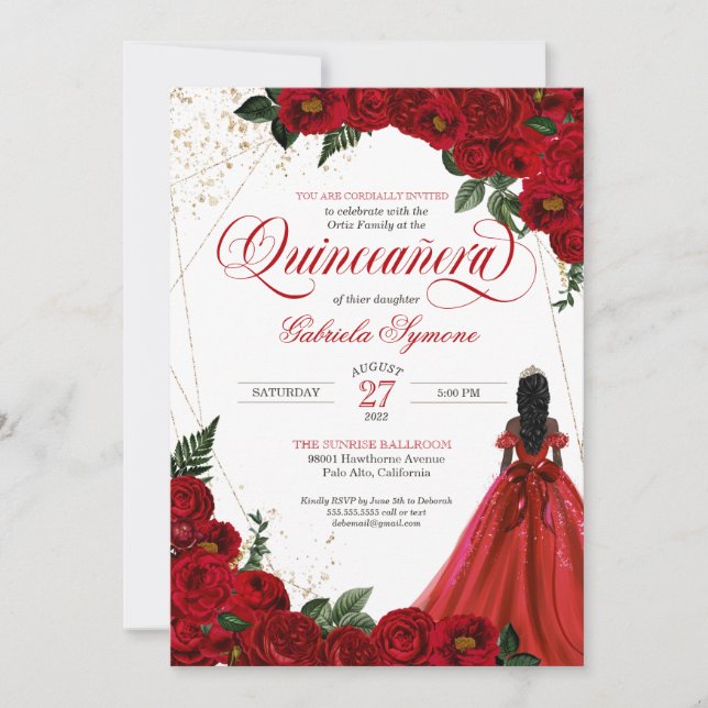 Ruby Red Blommigt Ro & Guld Elegant Quinceañera in Inbjudningar (Framsida)