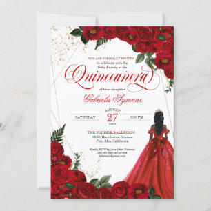 Ruby Red Blommigt Ro & Guld Elegant Quinceañera in Inbjudningar