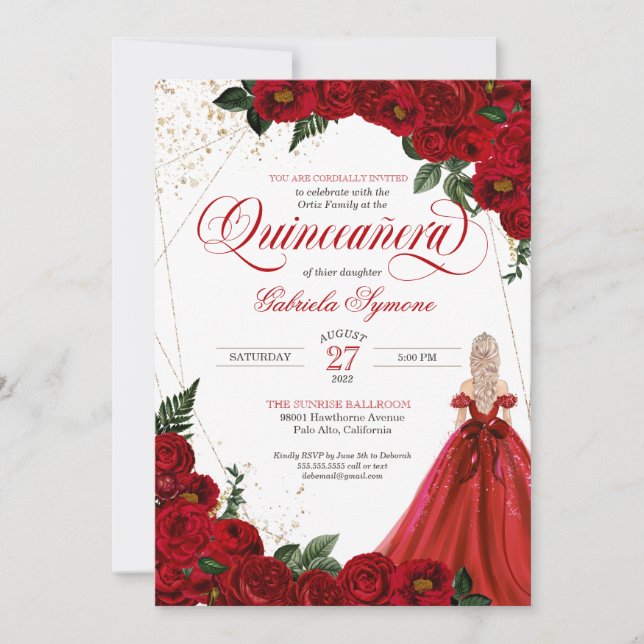 Ruby Red Blommigt Ro & Guld Elegant Quinceañera in Inbjudningar (Framsida)