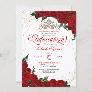 Ruby Red Blommigt Ro & Guld Elegant Quinceañera Inbjudningar