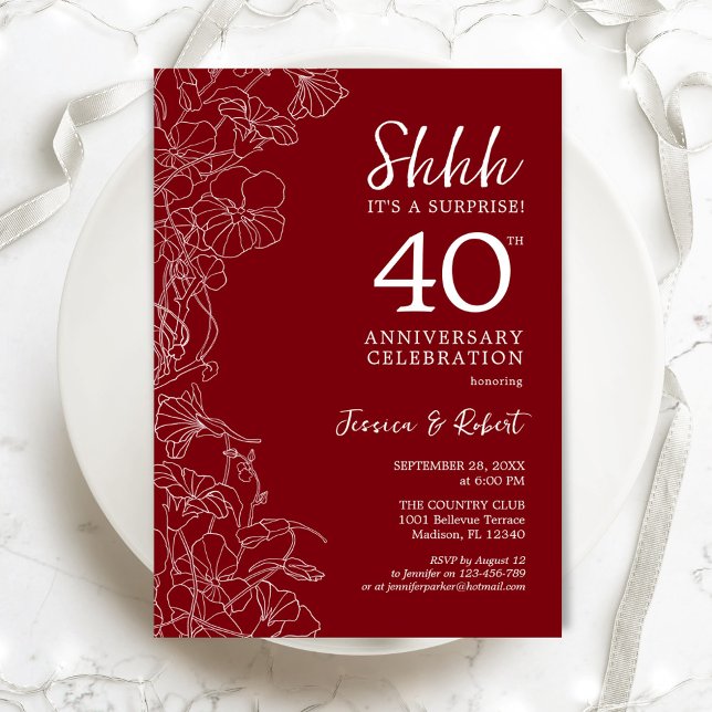 Ruby Red Blommigt Surprise 40-årsjubileum Inbjudningar (Skapare uppladdad)