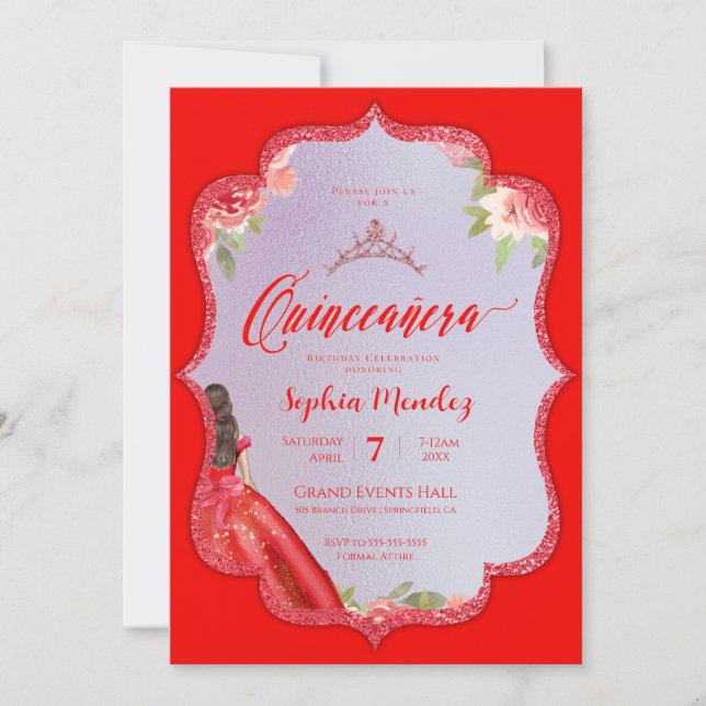 Ruby Red Blommigt Watercolor Quinceanera Inbjudningar (Framsida)