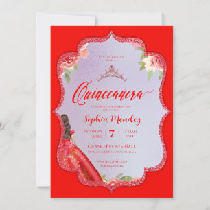 Ruby Red Blommigt Watercolor Quinceanera Inbjudningar