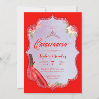 Ruby Red Blommigt Watercolor Quinceanera Inbjudningar