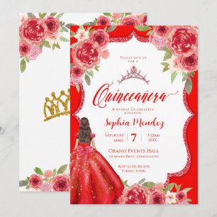 Ruby Red Blommigt Watercolor Quinceanera Inbjudningar