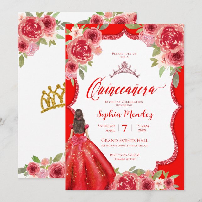 Ruby Red Blommigt Watercolor Quinceanera Inbjudningar (Fram/baksida)