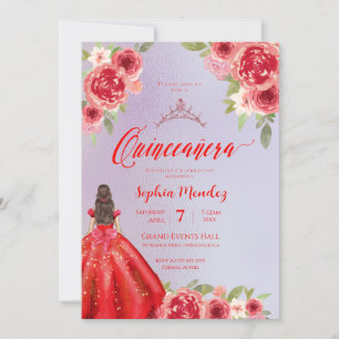 Ruby Red Blommigt Watercolor Quinceanera Inbjudningar