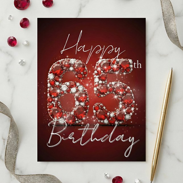 Ruby Red & Diamond Glitter 65th Birthday Vykort (Skapare uppladdad)