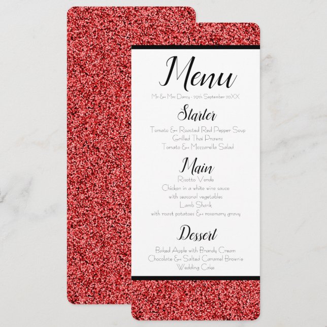 Ruby Red Faux Glitter Menu Inbjudningar (Fram/baksida)