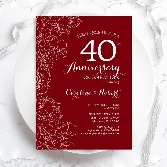 Ruby Red Floral 40-årsjubileum Inbjudningar (Skapare uppladdad)