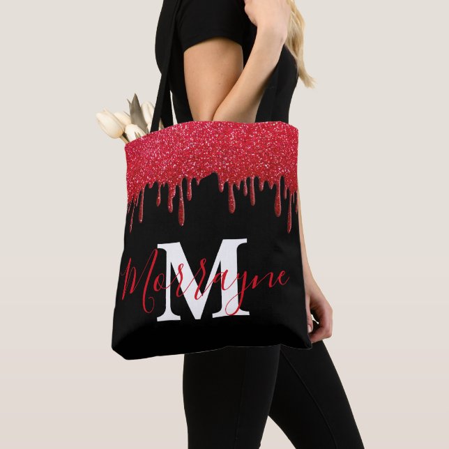 Ruby Red Glitter Drips Sparkles Metallic Monogram Tygkasse (Närbild)