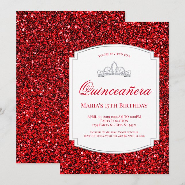 Ruby Red Glitter Quinceañera-inbjudningar Inbjudningar (Fram/baksida)