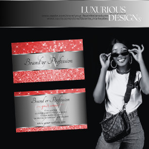 Ruby Red Glitter Silver Luminous Stars Monogram Visitkort