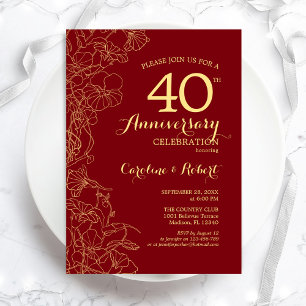 Ruby Red Gold Blommig 40-årsjubileum Inbjudningar
