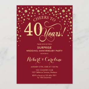 Ruby Red Gold Överraskningsfest 40-årsjubileum Inbjudningar