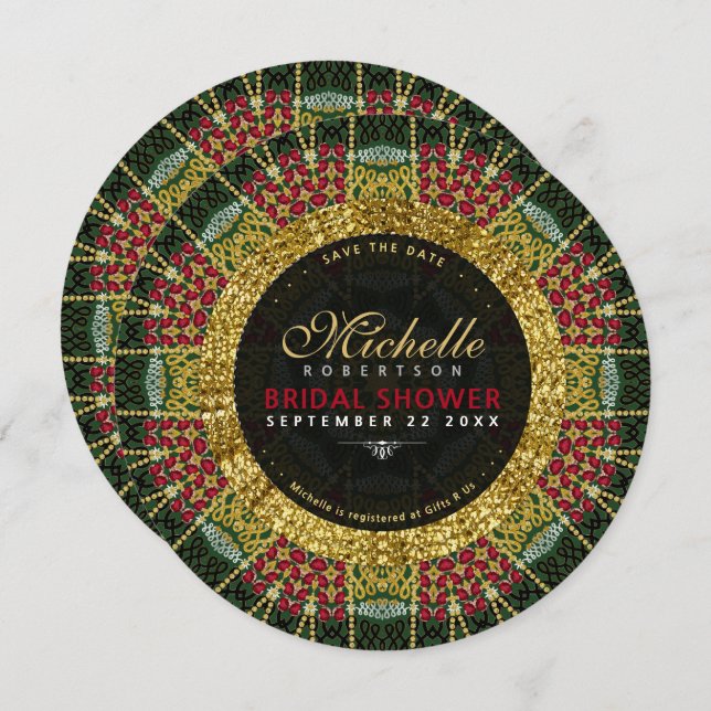 Ruby Red Grönt Guld Glitter Möhippa Inbjudningar (Fram/baksida)