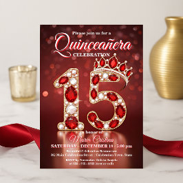 Ruby Red Guld Gemstone Princess Krona Quinceañera Inbjudningar