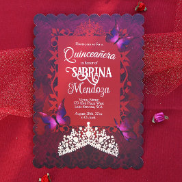 Ruby Red, Guld Tiara, Rosa Butterflies Quinceanera Inbjudningar