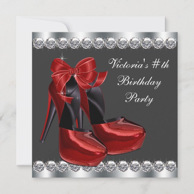 Ruby Red Höga Klacken Skor Födelsedagsfest Inbjudningar (Framsida)