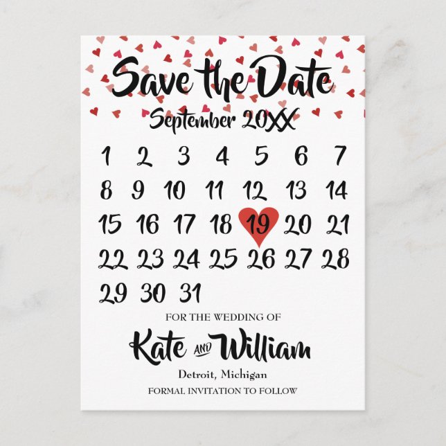 Ruby Red Love Heart Kalender Spara Datum Meddelande Vykort (Framsida)